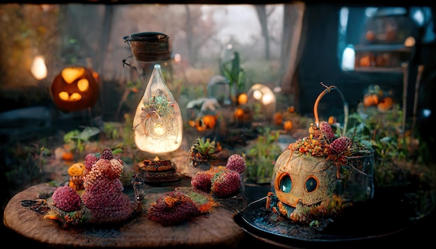 Foto rendering 3d di un terrario autunnale meravigliosamente strano con mais e zucca halloween.