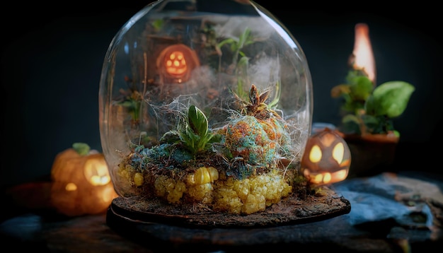 Rendering 3d di un terrario autunnale meravigliosamente strano con mais e zucca halloween.