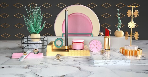 3d rendering of beauty products and lipsticks on a podium for a display mock up