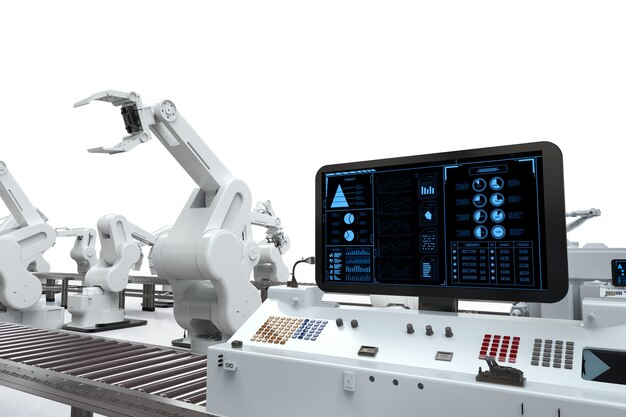 3D-rendering bedieningspaneelscherm met robotarmen