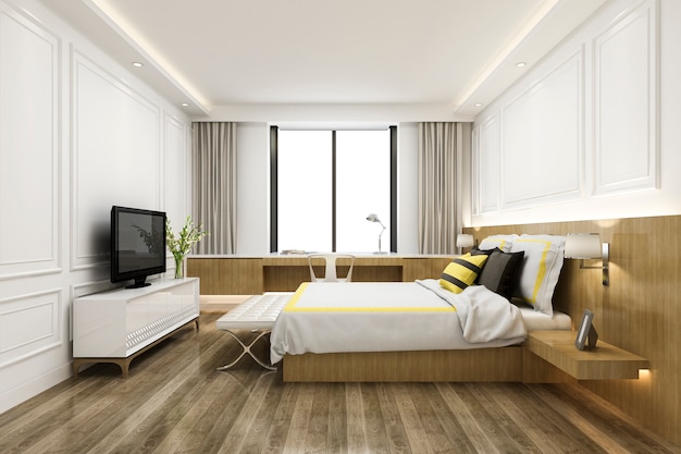 3d rendering of bedroom suite in hotel with tv