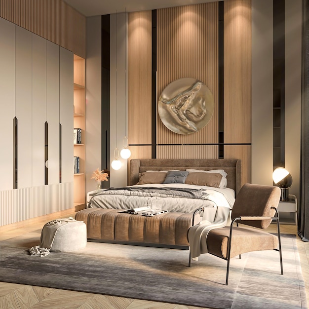 3d rendering bedroom with a bed and a lamp on the wall