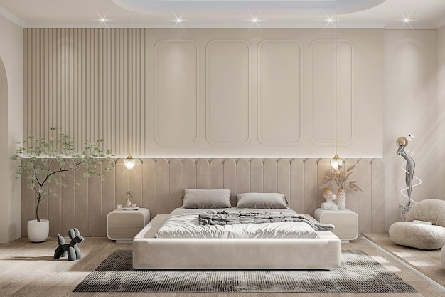 3d rendering bedroom with a large bed and a large wall with a white bed and a lamp on it