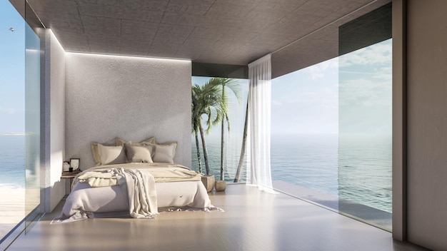 3D Rendering Of Bedroom With Sea View Illustration