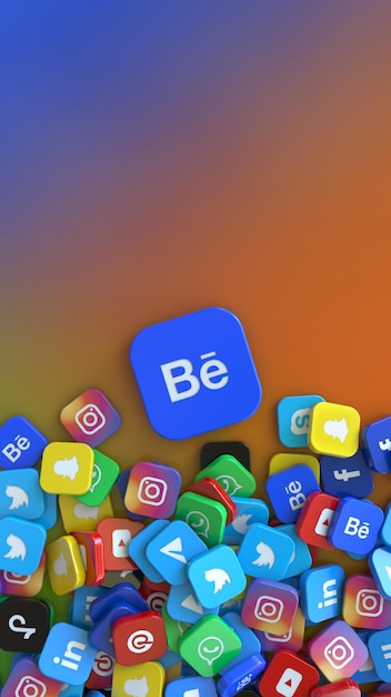 3D rendering of a Behance badge surrounded by badges of the most important social networks. Vertical shot.