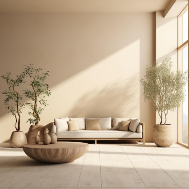 3d rendering of beige living room with vases and plants