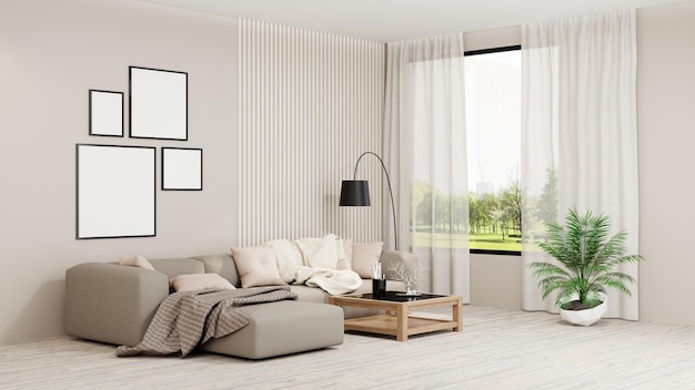 Rendering 3d soggiorno beige interno soggiorno condominio