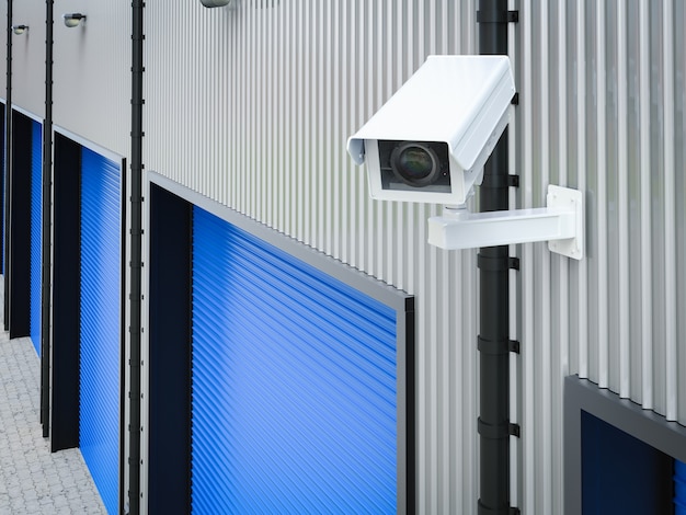3D-rendering beveiligingscamera of cctv-camera in magazijn
