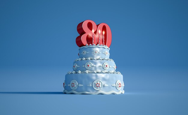 Photo 3d rendering of a big blue birthday cake with a big number eighty on top