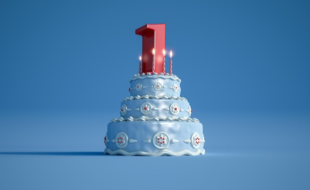 Foto rendering 3d di una grande torta di compleanno blu con un grande numero uno in cima