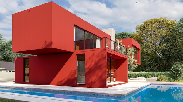 3D rendering of a big contemporary red villa with impressive garden and pool