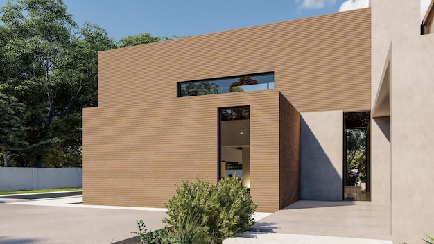 Rendering 3d di una grande villa contemporanea in vista laterale in legno scuro