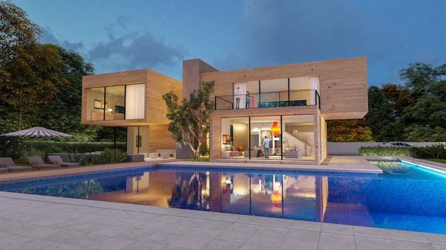 Rendering 3d di una grande villa contemporanea in legno chiaro con imponente giardino e piscina la sera Foto Premium