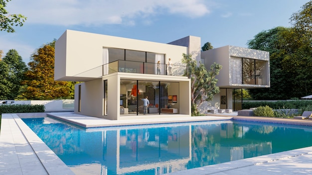 Rendering 3d di una grande villa bianca contemporanea con imponente giardino e piscina Foto Premium