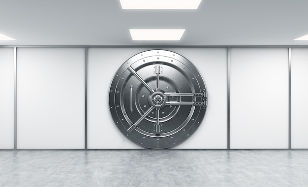 Photo 3d rendering of a big locked round metal safe in a bank depository a concept of security front view