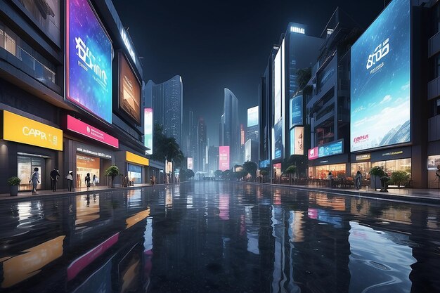 3D Rendering of billboards and advertisement signs at modern buildings in capital city with light reflection from puddles on street