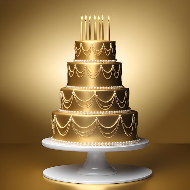 Foto rendering 3d di una torta di compleanno con candele su uno sfondo dorato.