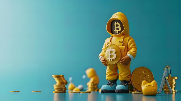 3d rendering of bitcoin character in yellow suit with golden coin on blue background ai generative