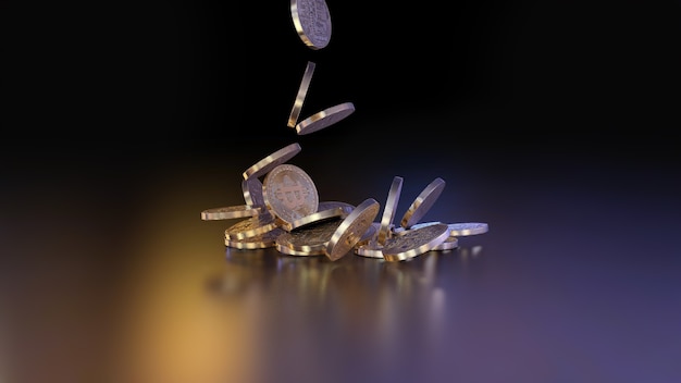 3d rendering bitcoin currency, crypto currency, falling on a pile