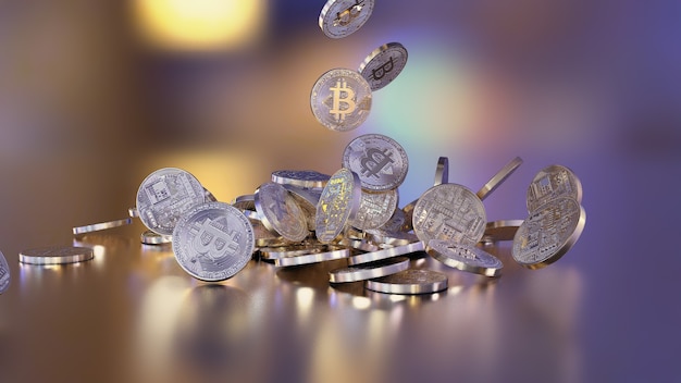 3D rendering Bitcoin currency, crypto currency, falling on a pile