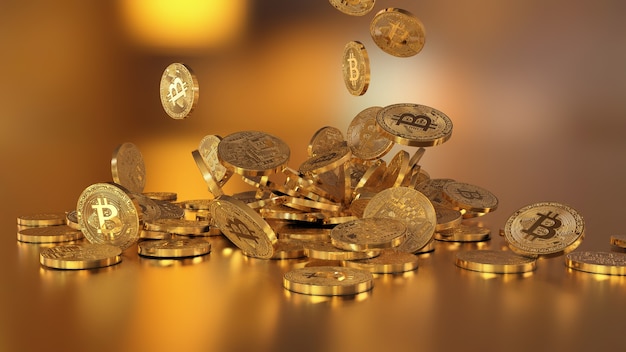 Rendering 3d valuta bitcoin, valuta criptata, che cade su una pila