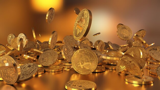 3D-rendering Bitcoin-valuta, crypto-valuta, vallen op een stapel