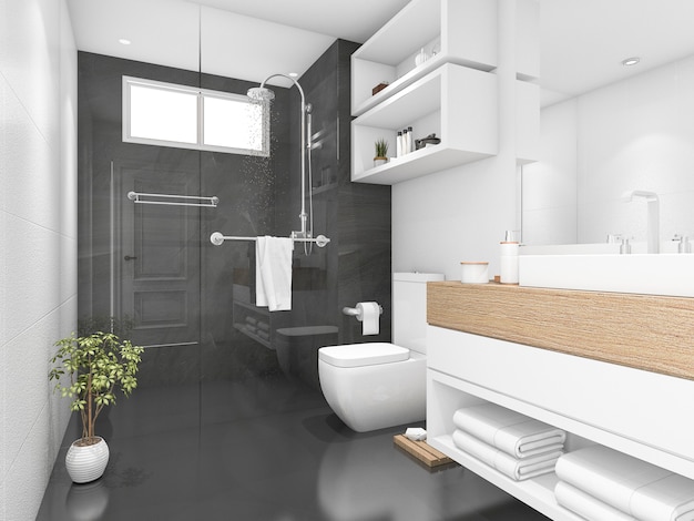 Photo 3d rendering of black bathroom with shower and toilet