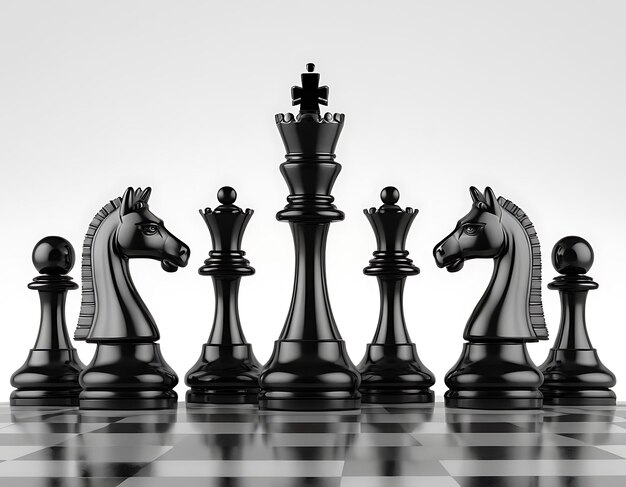 3d rendering of a black chess knight piece in four different angled views on a white background