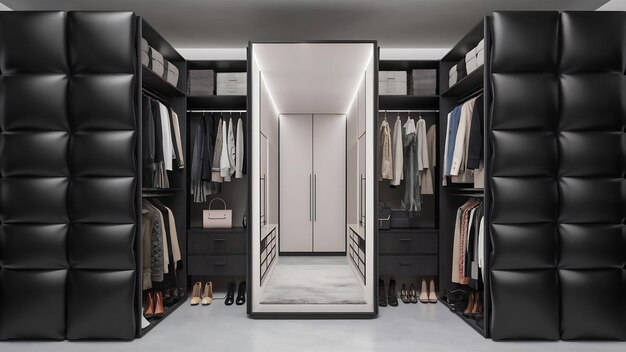 3d rendering black cushion in scandinavian walk in closet with mirror on wardrobe and clothes