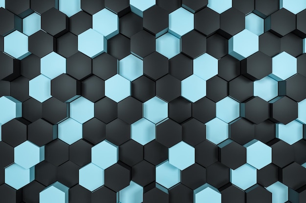 Photo 3d rendering black and cyan hexagon cubes