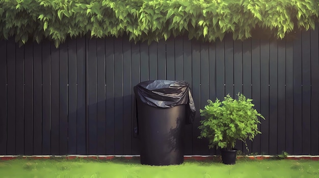 3d rendering of black garbage bin with green plant in the garden