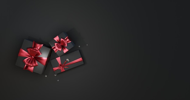 3d rendering black gift box background tied with red ribbon