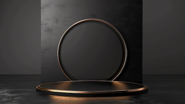 3D rendering of a black and gold podium with a golden ring in the background