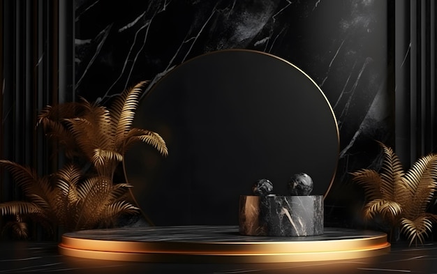 Photo 3d rendering black and gold style ecommerce booth black and gold color indoor circular booth 3d