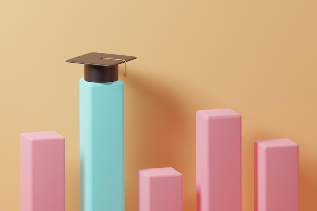 Photo 3d rendering black graduation cap on the top a highest blue bar chart on orange background education is important concept