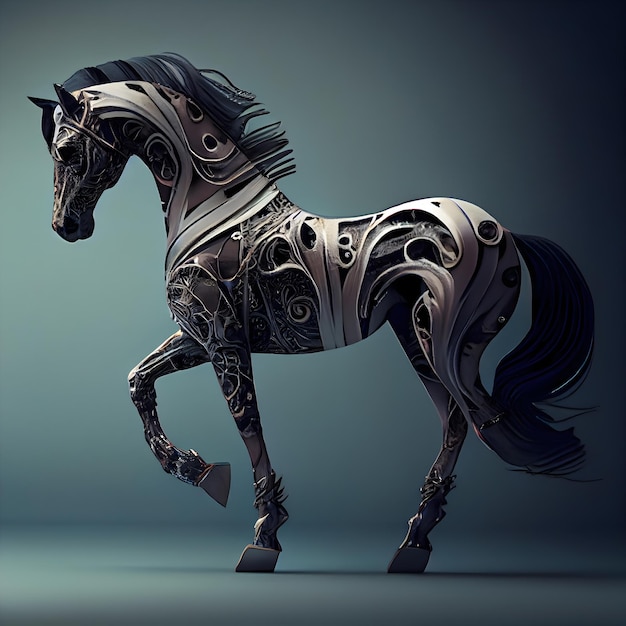 3d rendering of a black horse with metal ornament on a gray background