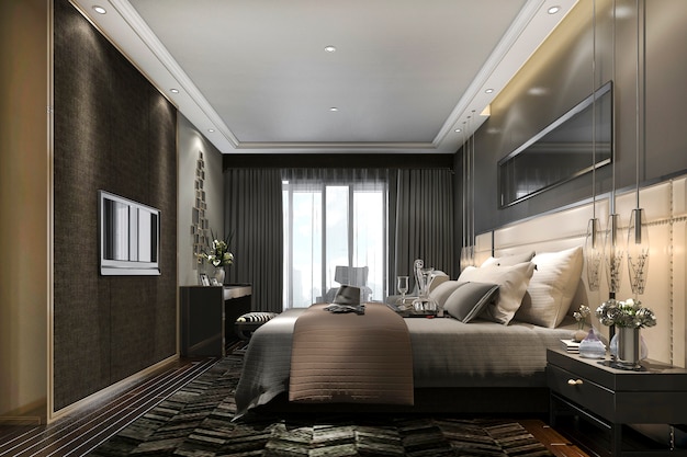 3d rendering black luxury modern bedroom suite in hotel and resort