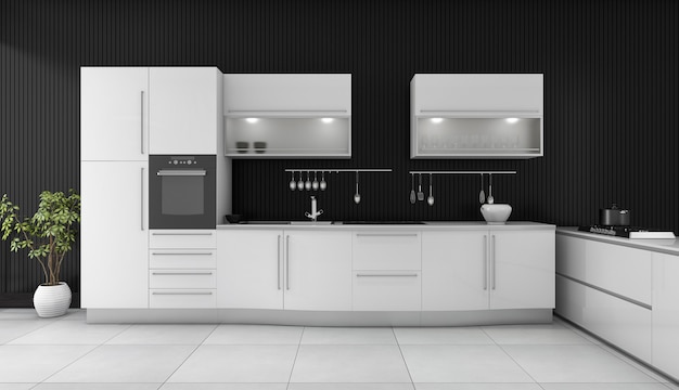 Photo 3d rendering black modern kitchen with white counter