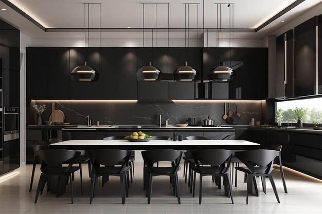 3d rendering black modern luxury kitchen and dining room