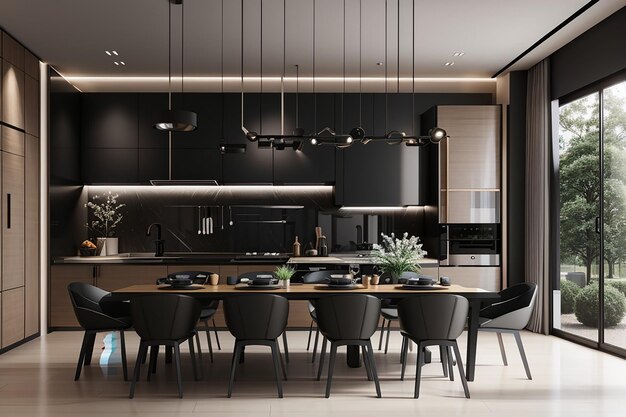 3d rendering black modern luxury kitchen and dining room