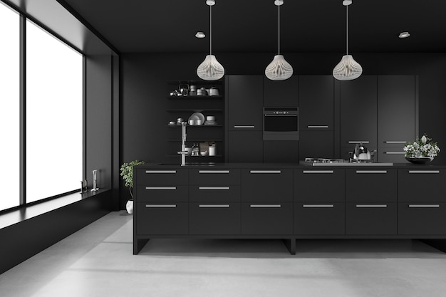 Photo 3d rendering black modern luxury kitchen