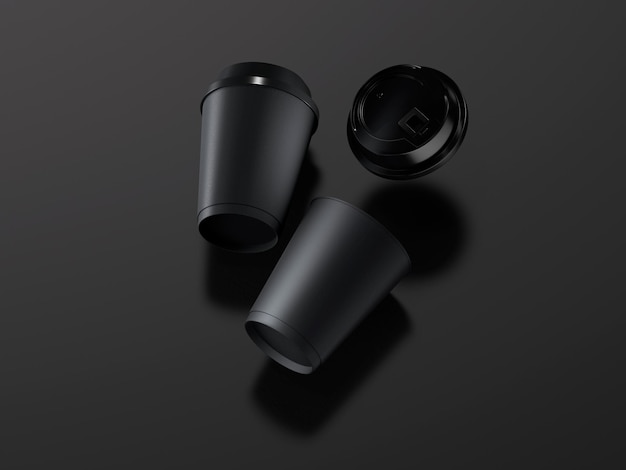 3d rendering black paper coffee cups lying on dark background with open lid top view disposable cup mockup