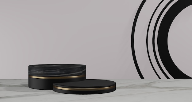 3D rendering. Black pedestal on black background. Abstract minimal concept