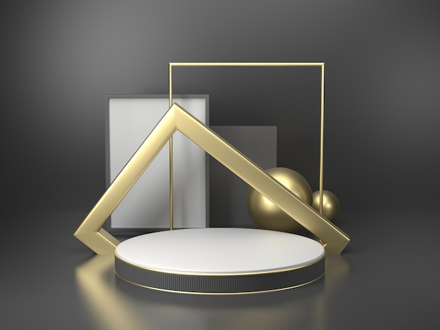 3D rendering black podium geometry with gold elements  Abstract geometric shape blank podium  Minimal scene square step floor abstract composition