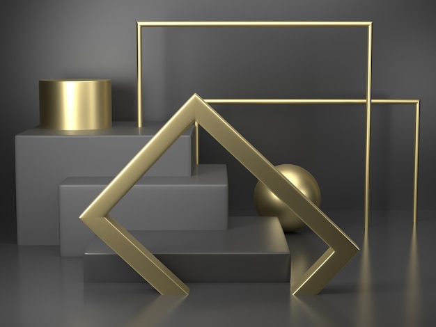 Foto rendering 3d geometria del podio nero con elementi in oro. podio vuoto astratto forma geometrica. composizione minima nell'estratto del pavimento di punto del quadrato di scena