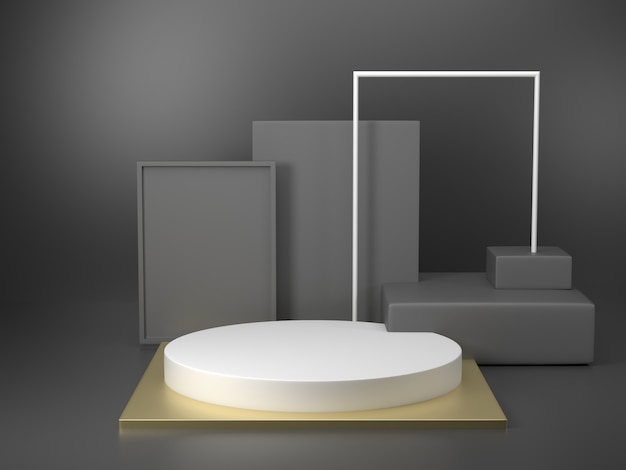 3D rendering black podium geometry with gold elements  Abstract geometric shape blank podium  Minimal scene square step floor abstract composition