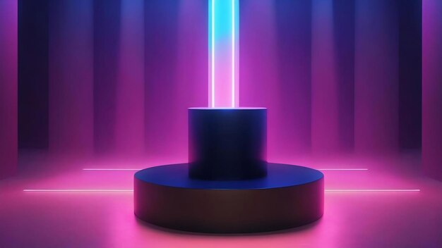 3d rendering black podium or pedestal display blank product standing blue laser glow neon light