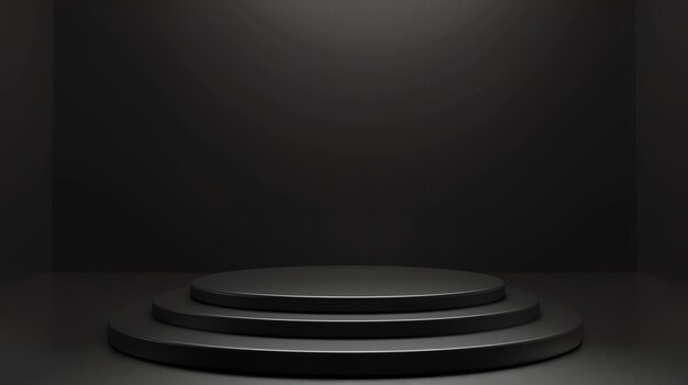 3D rendering of a black podium The podium is made of three steps and has a spotlight shining down on it The background is a dark grey color