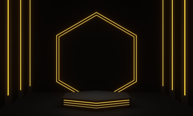 3D rendering Black product stand with yellow neon light