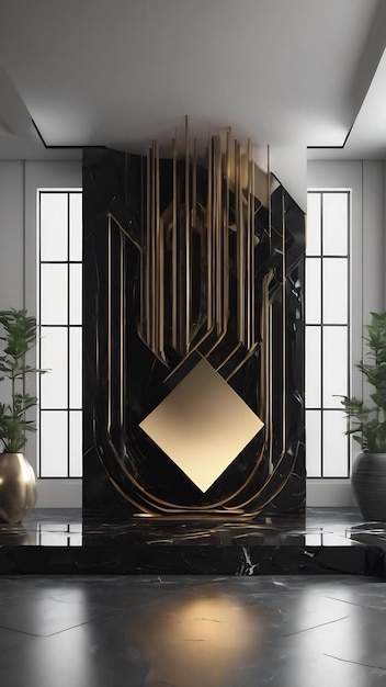 3d rendering black realistic background with abstract metallic shapes